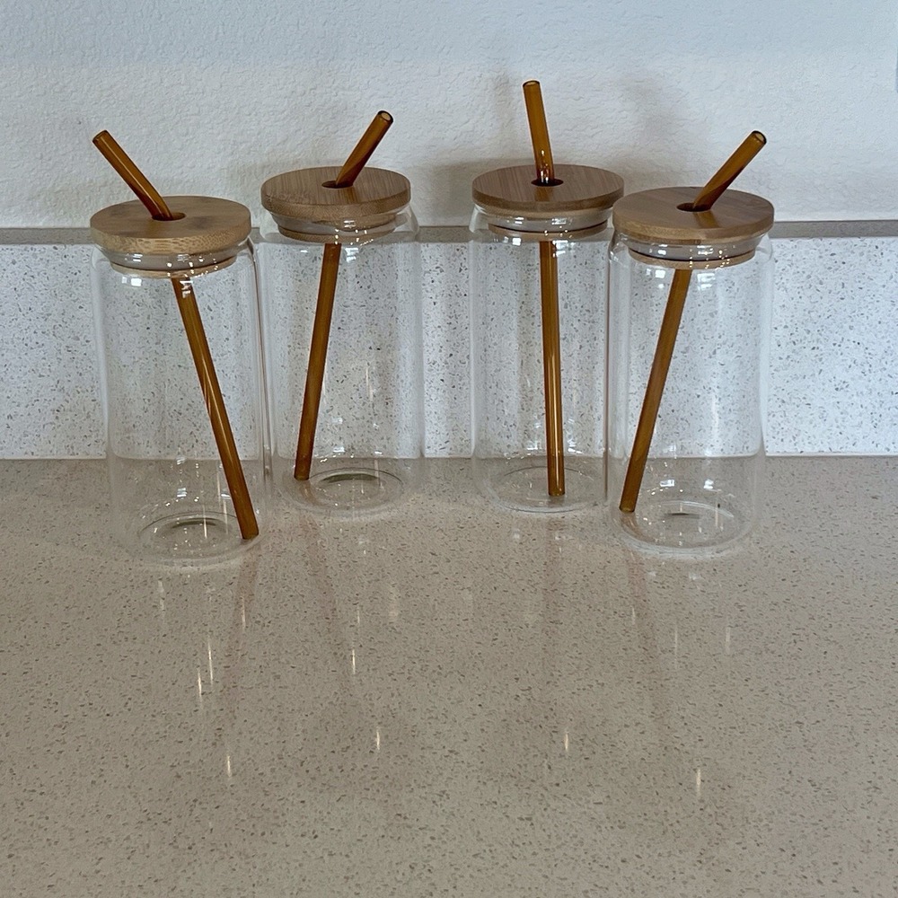 Set Of 4 Clear Beer Can Glasses, Unbranded, Bamboo Lids, Amber Glass Straws